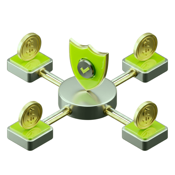 A shield connected to secured coins, representing regulated fund safety