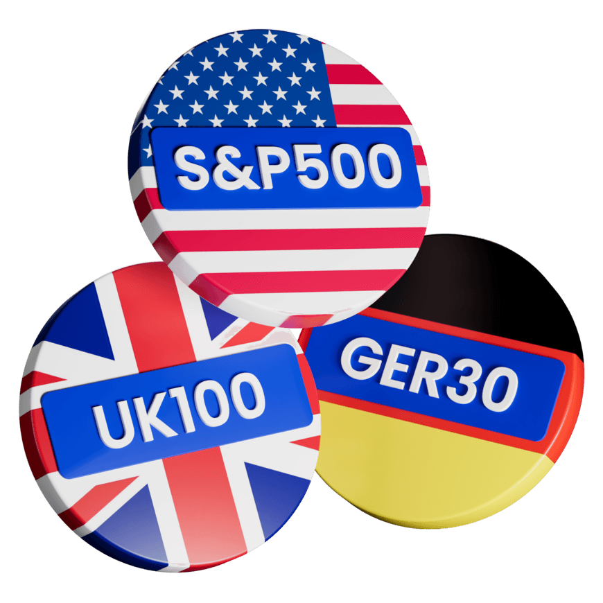 3D illustration of the S&P 500, UK100 and GER30 stock index badges