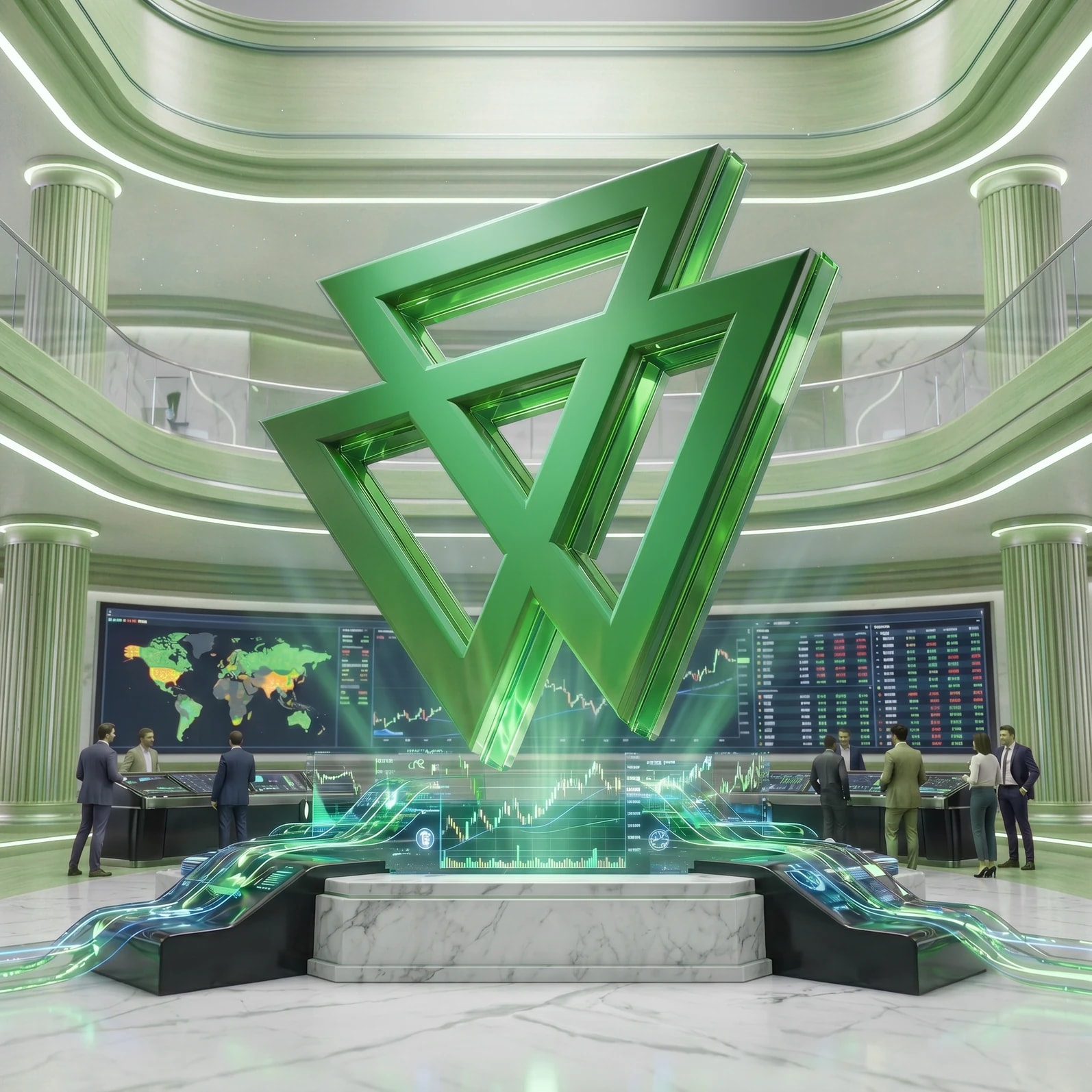 CXM trading hub — a green CXM logo rising above a marketplace floor
