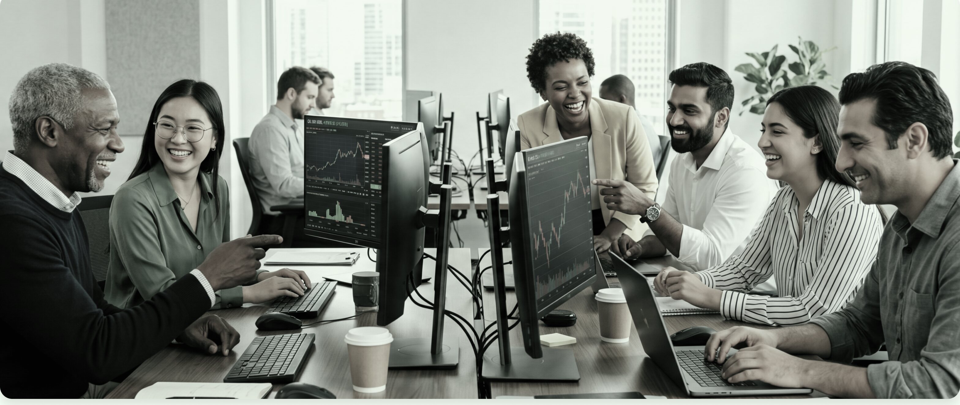 CXM colleagues collaborating around trading screens in an open-plan office