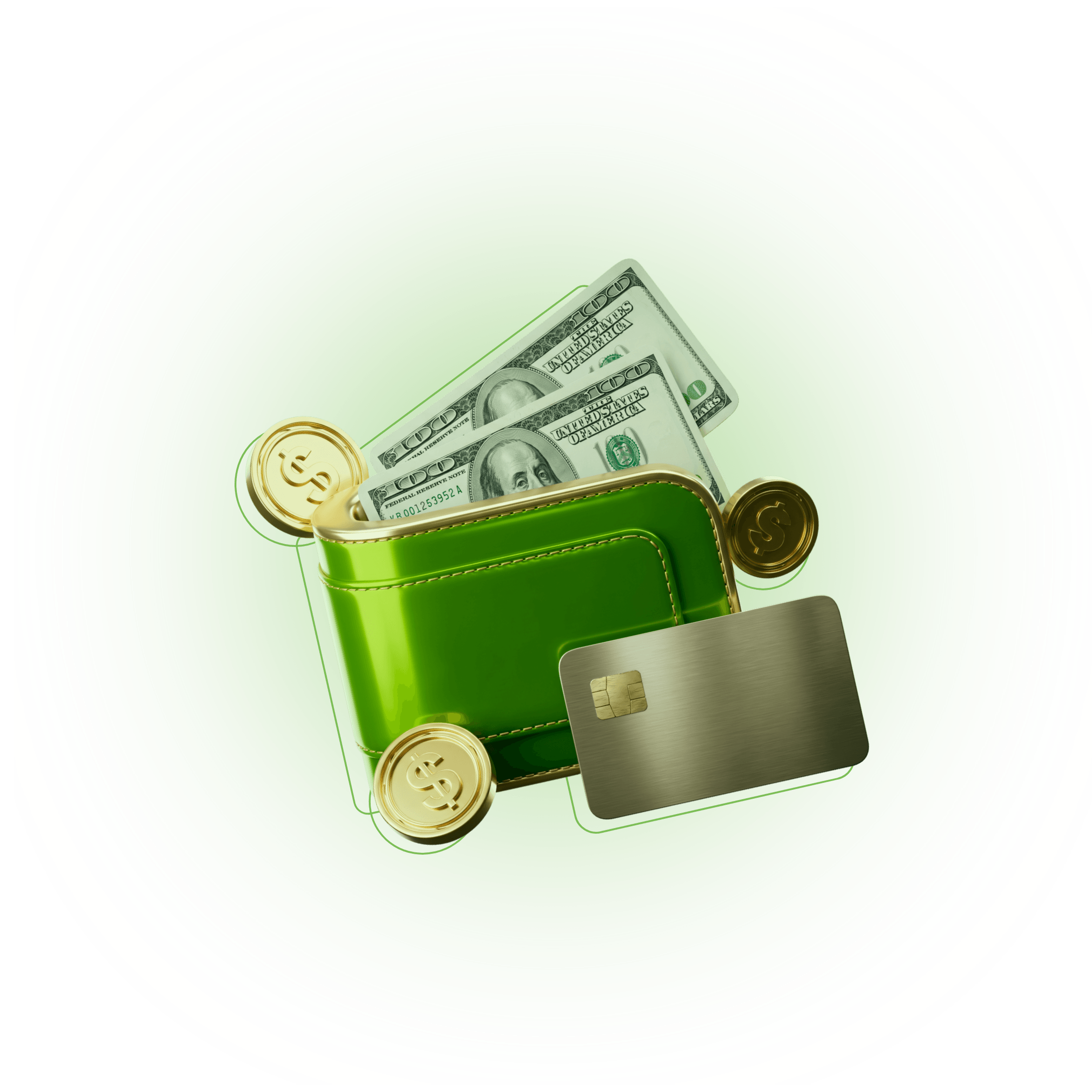 Wallet with cash, coins, and a card representing CXM Earn rewards