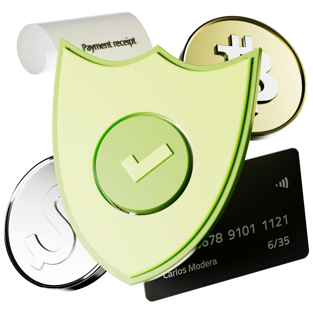 Secure funding illustration — a protective shield over a credit card, coins and a payment receipt