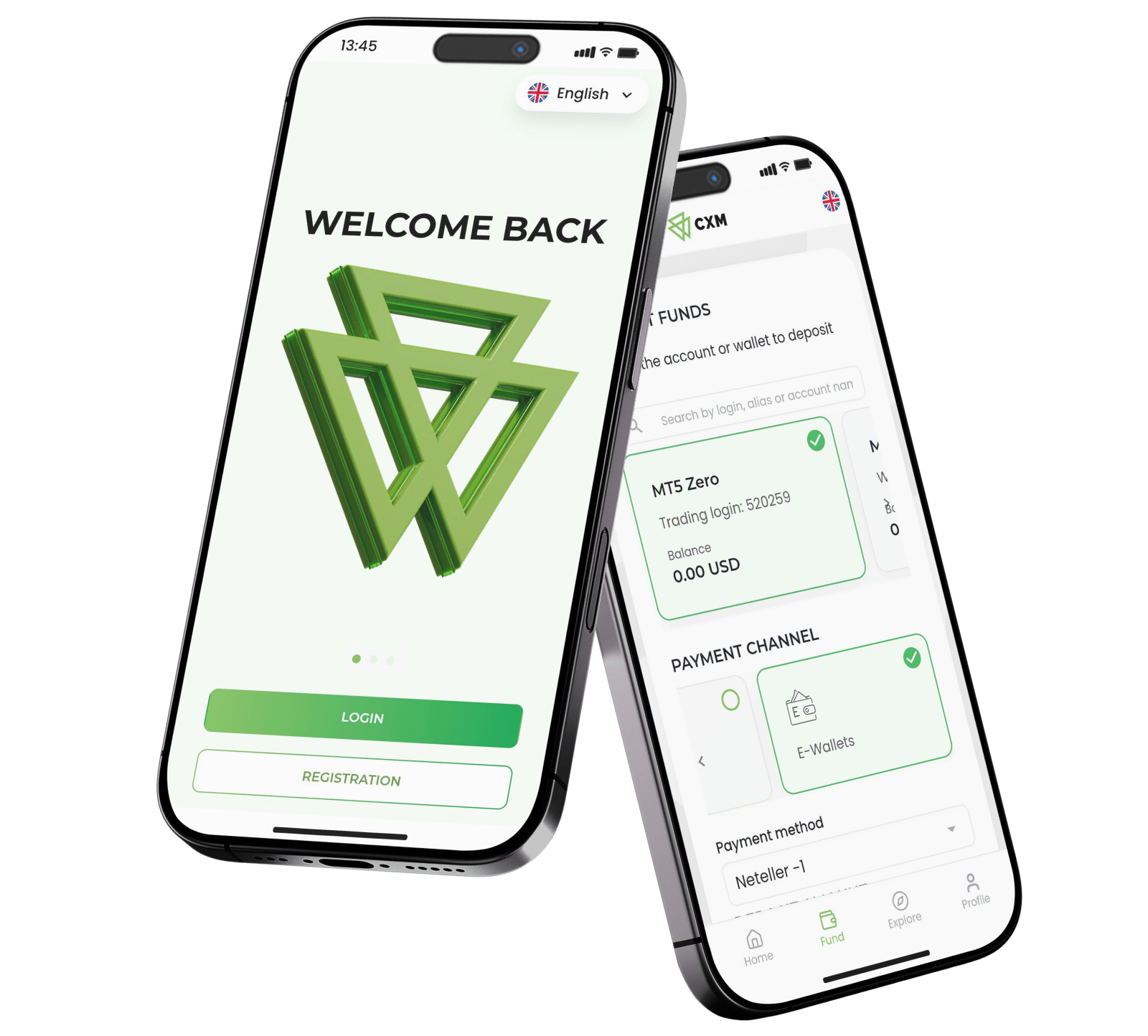 CXM Hub app — login and account screens on two phones