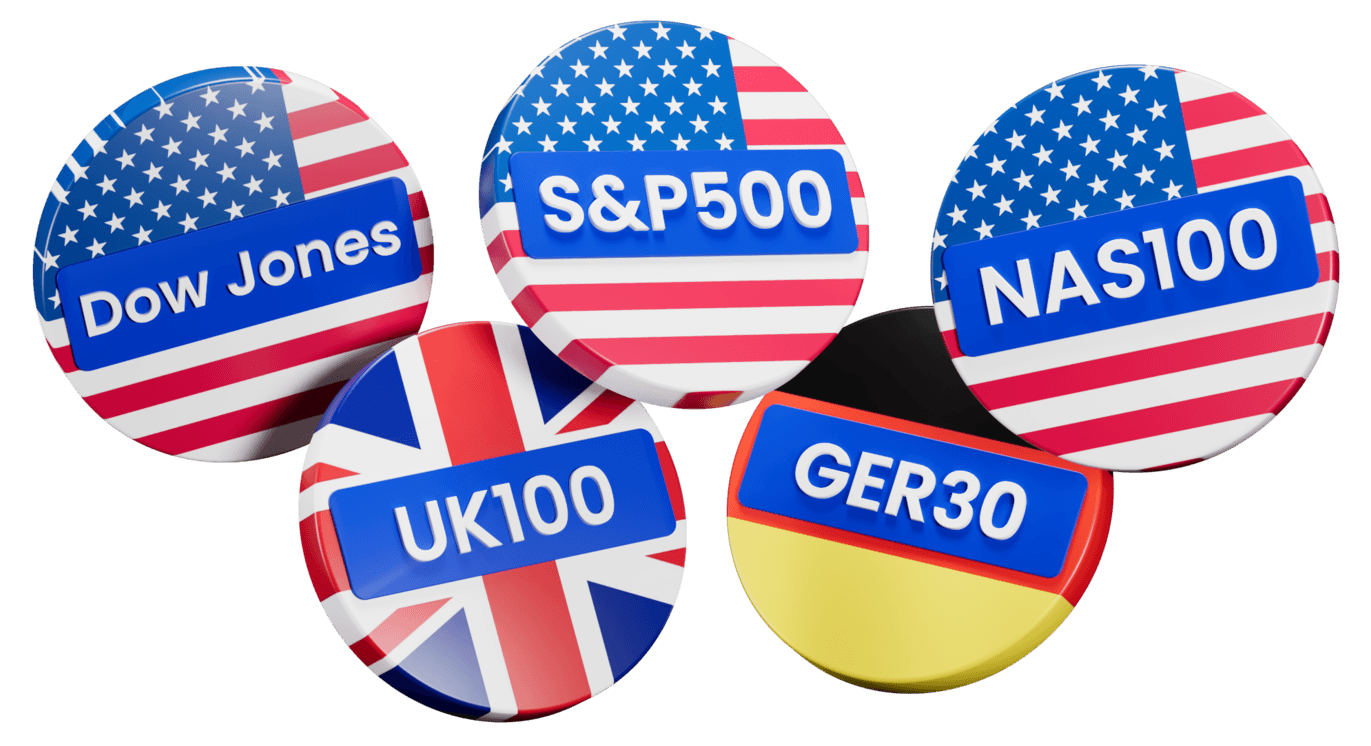 Global stock index badges — Dow Jones, S&P 500, NAS100, UK100 and GER30