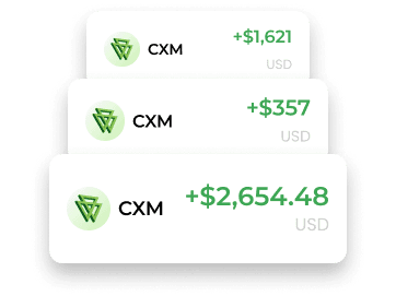 CXM rebate transaction history showing payments of $1,621, $357, and $2,654.48