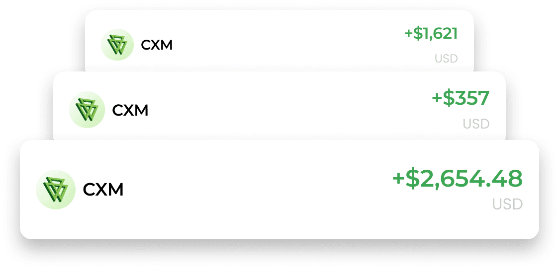$1,621, $357 және $2,654.48 көлеміндегі төлемдер көрсетілген CXM ребейт транзакцияларының тарихы