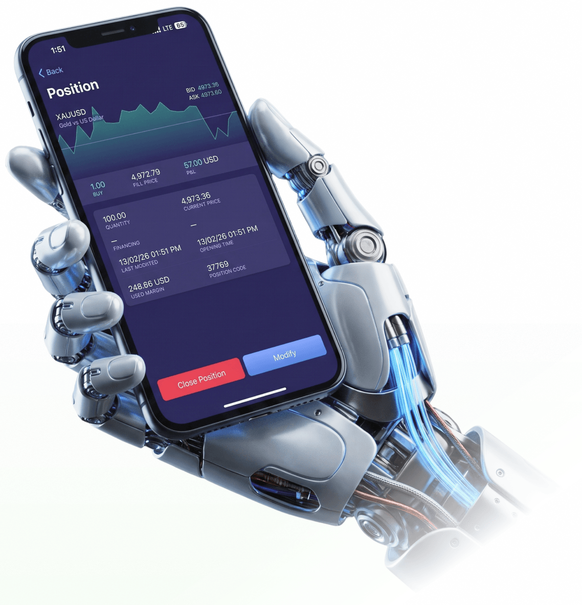 Bàn tay robot cầm điện thoại thông minh hiển thị một vị thế XAUUSD đang mở trong ứng dụng giao dịch